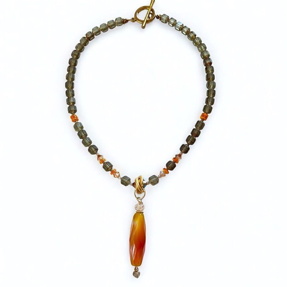 Czech Beaded Carnelian Pendant Necklace